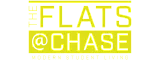Bold and modern logo for The Flats @ Chase, highlighting premier student living in vibrant yellow and black.
