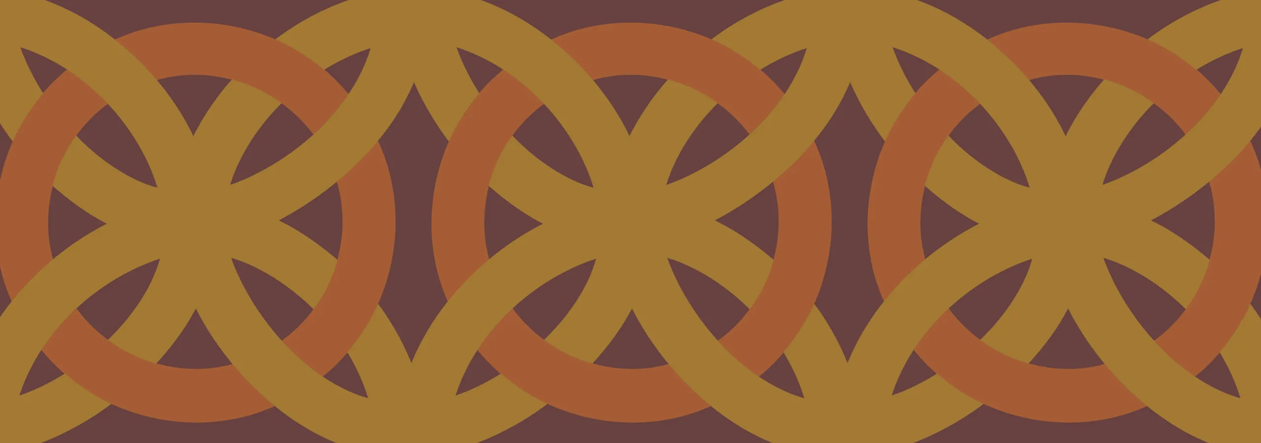 Vibrant abstract pattern with interlocking orange and red loops on a deep maroon background.