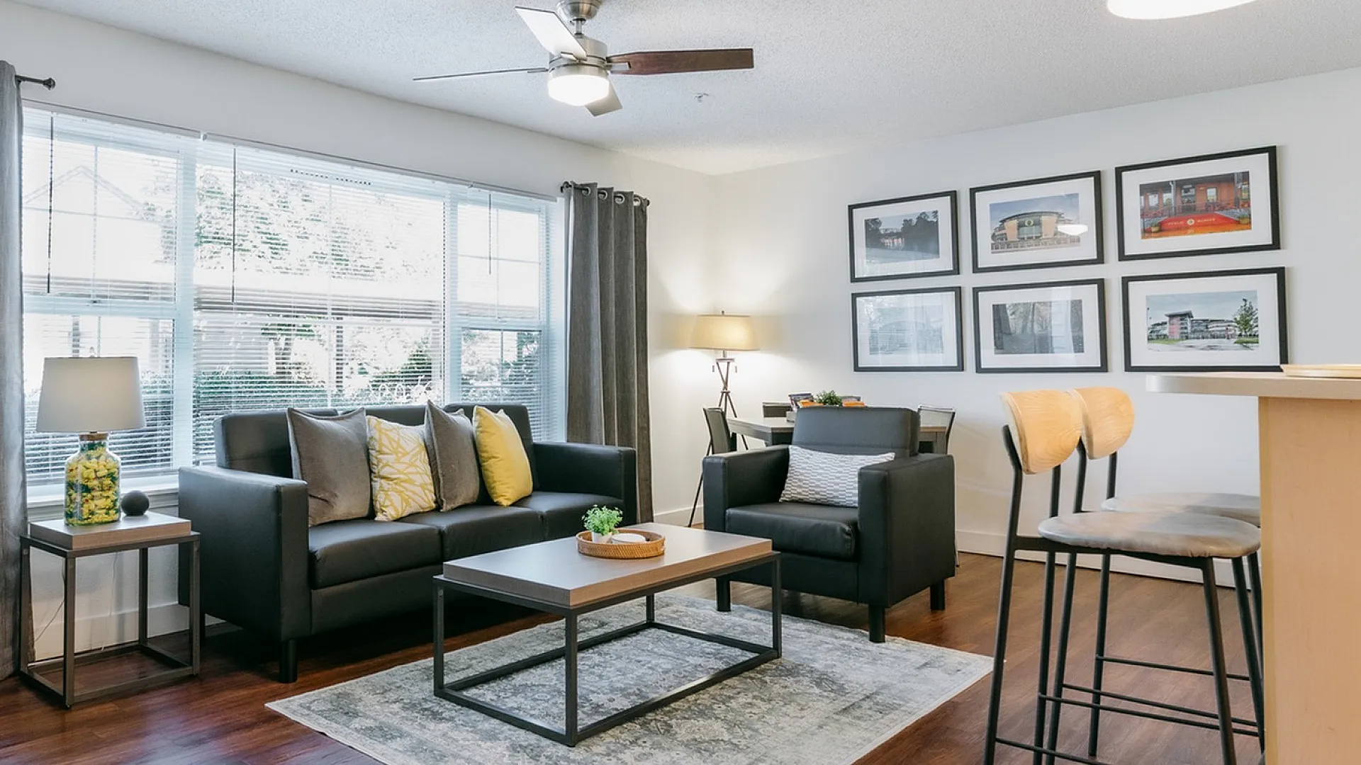 Bright furnished living room at Stadium Park student apartments in Eugene OR