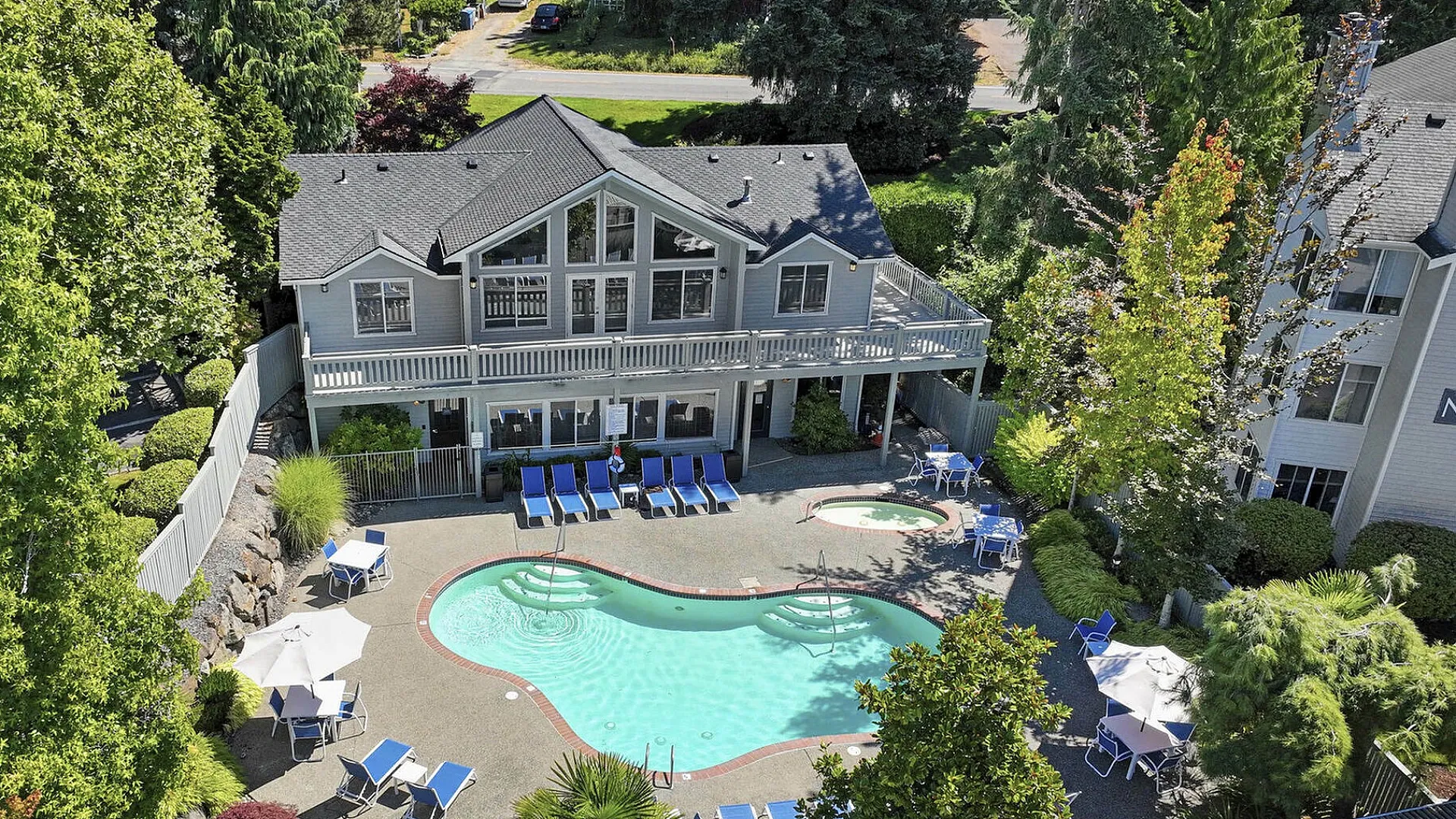 Canyon Springs apartment community pool oasis surrounded by lush greenery and relaxing sun loungers in Lynnwood WA