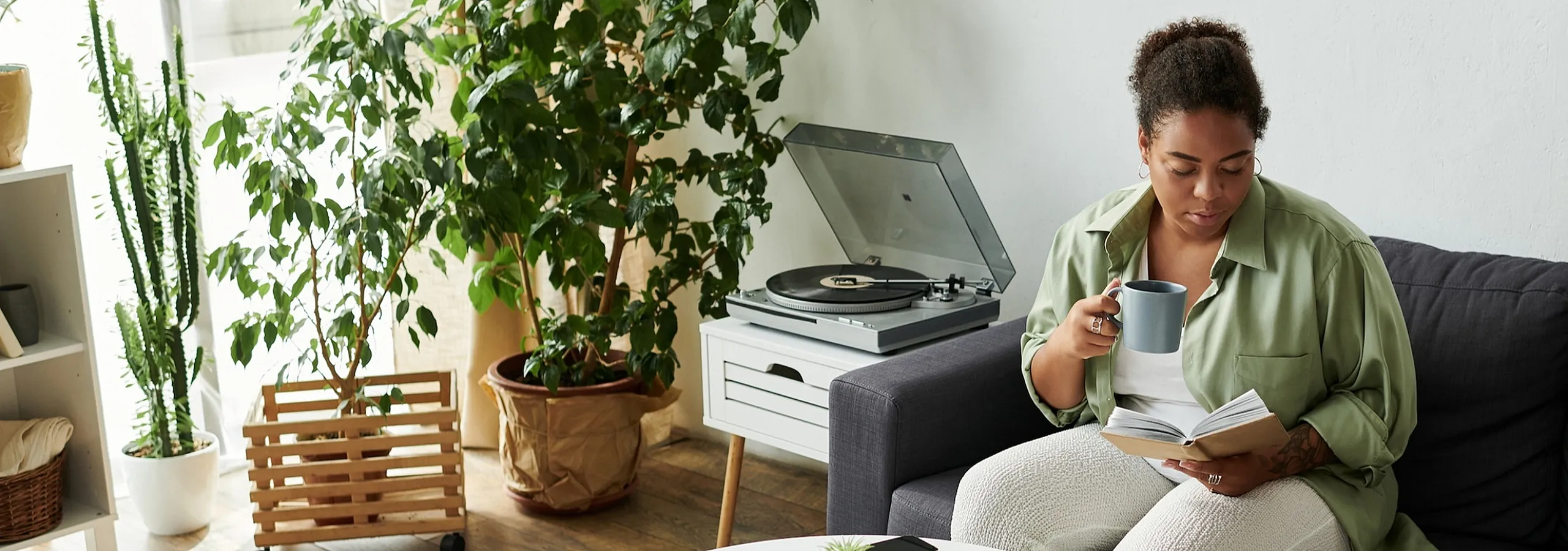 Cozy living space featuring a comfortable sofa, vibrant greenery, and a stylish record player representing cozy living at The Phoenix Sacramento in Sacramento, CA.