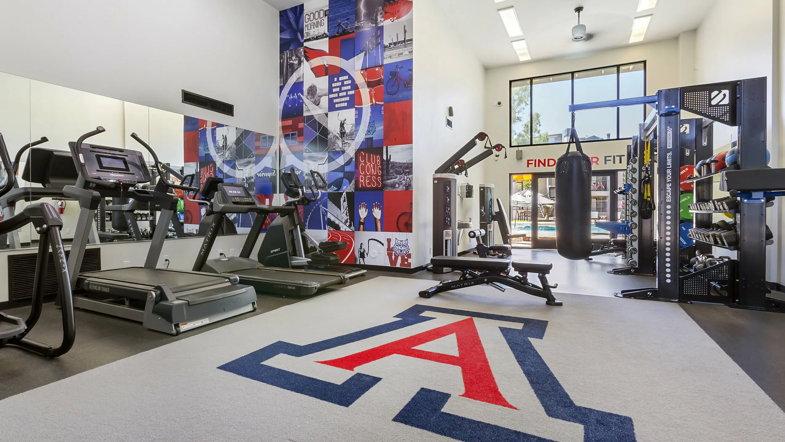 Fitness center with treadmills, punching bag, and motivational mural at 255 North apartments near Downtown Tucson, AZ