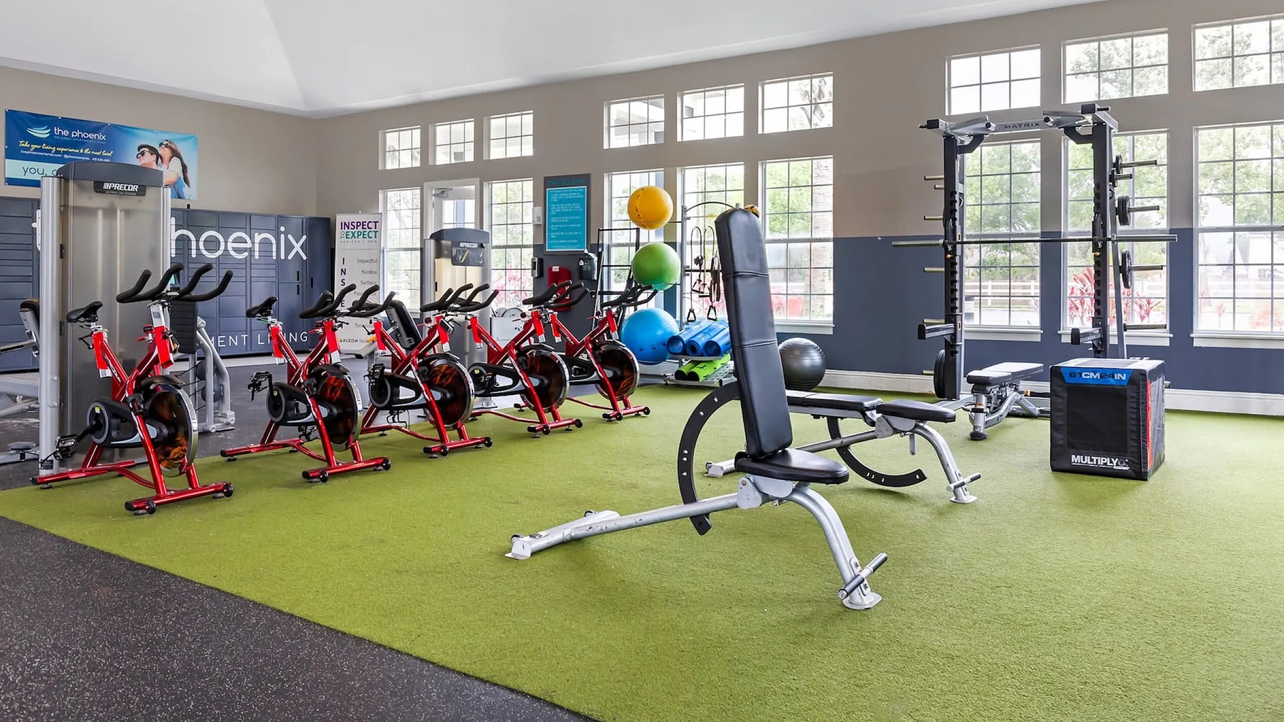 Phoenix Orlando fitness center featuring multiple exercise bikes, bench press, and colorful workout balls, perfect for an energetic workout experience.
