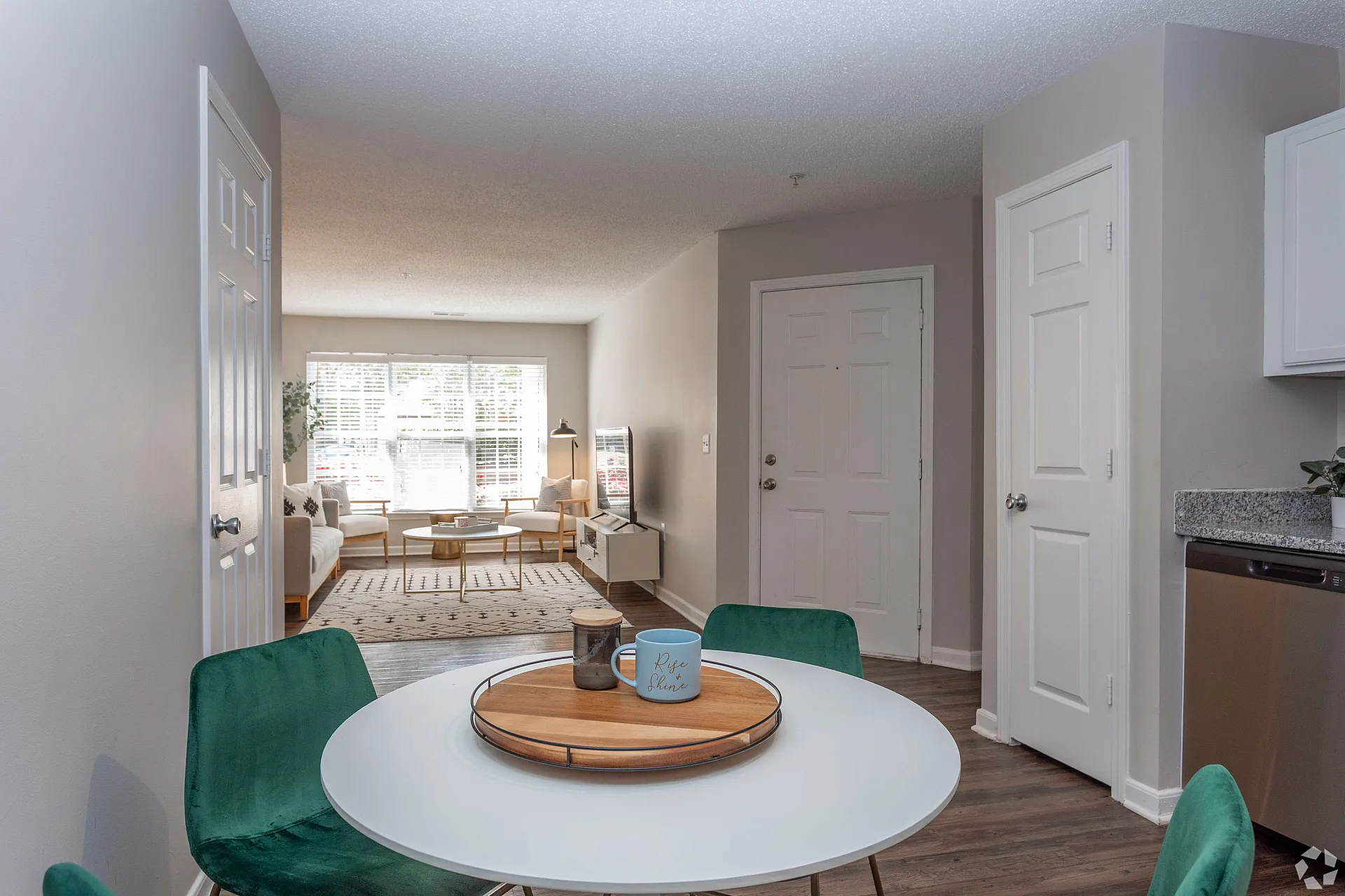 Bright and inviting apartment interior with stylish dining area, cozy living room, and modern decor.