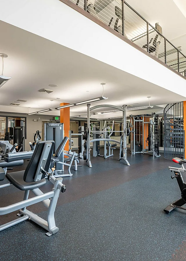 Modern fitness center with state-of-the-art equipment and spacious layout, ideal for a comprehensive workout experience.