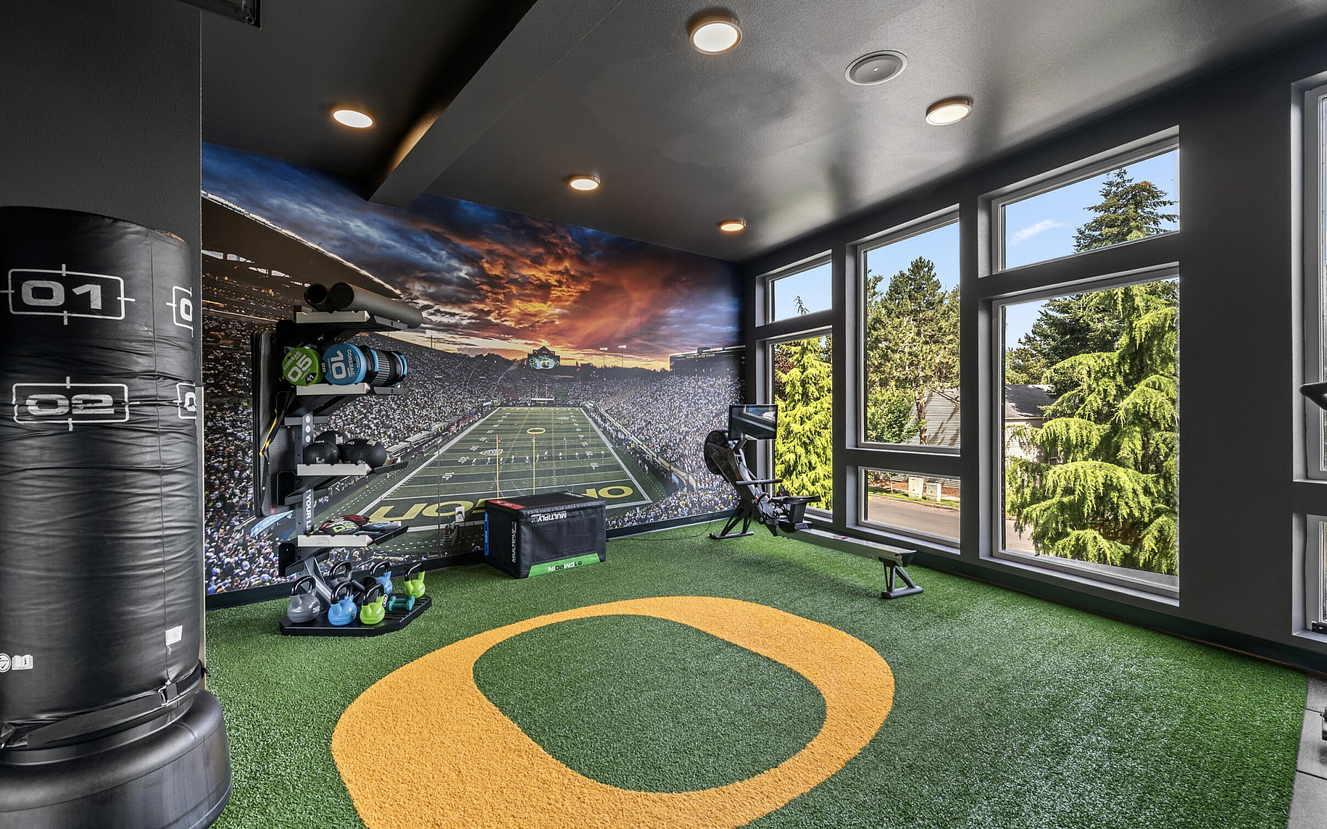 Modern home gym with panoramic windows, vibrant sports mural, and professional workout equipment on artificial turf flooring.