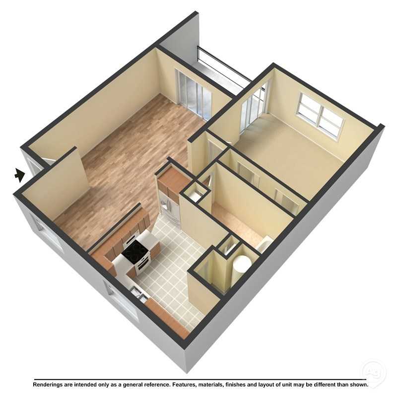 Modern 3D apartment floor plan featuring a spacious living area, one bedroom, a well-equipped kitchen, and a balcony.