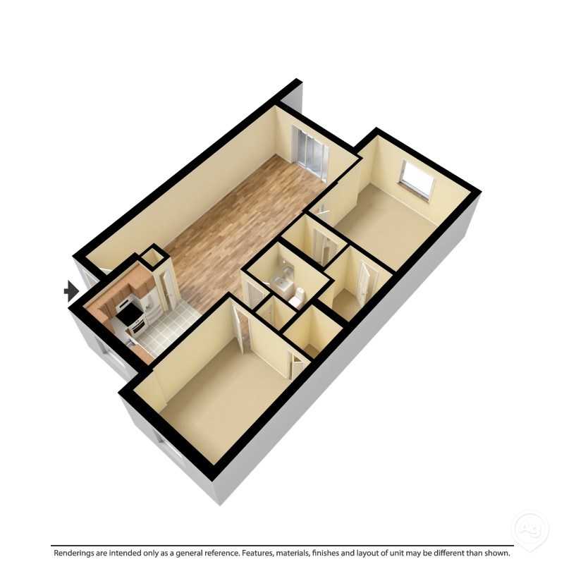 Elegant 3D apartment floor plan featuring a spacious living room, cozy kitchen, two bedrooms, and a modern bathroom.