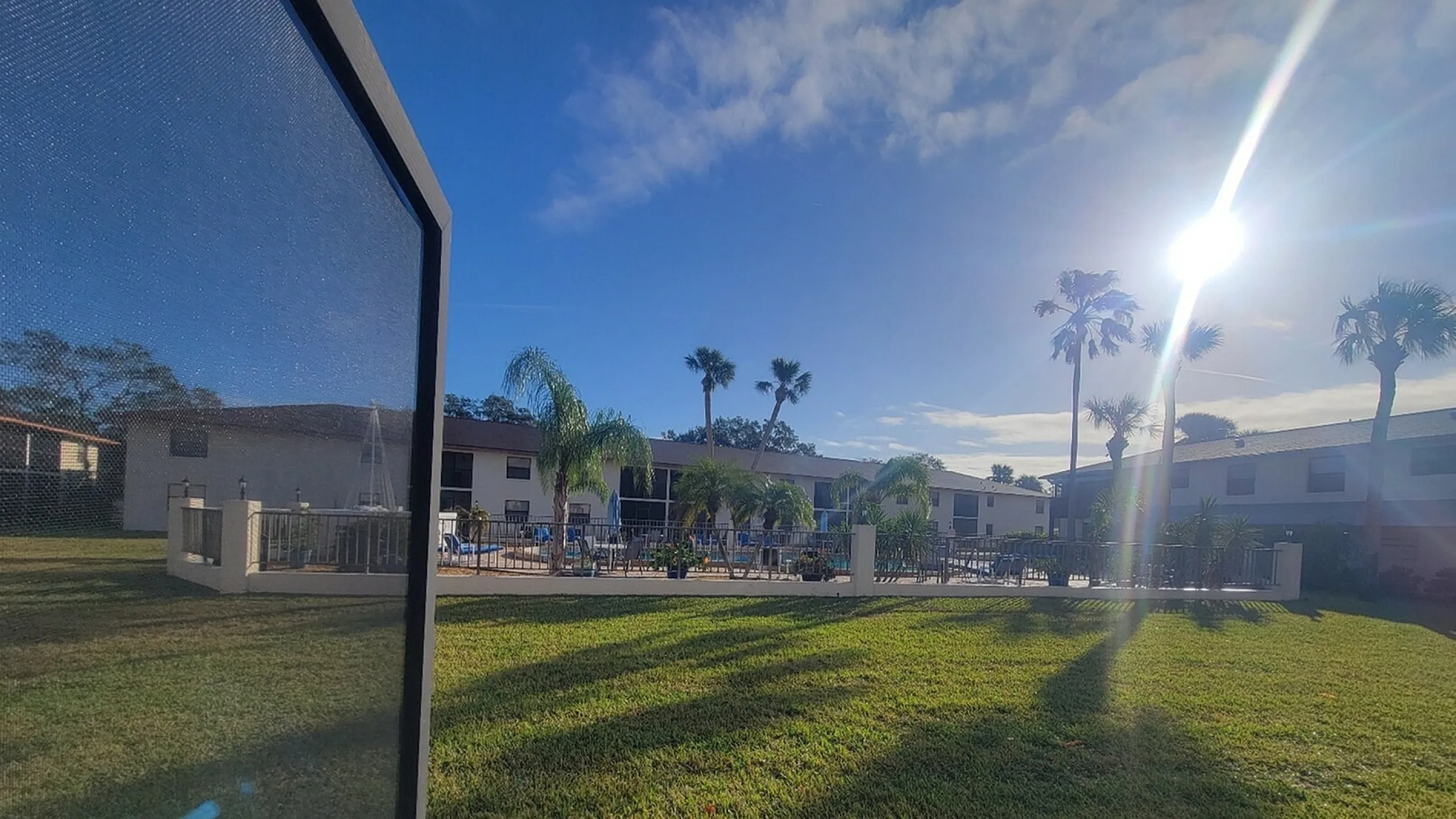 Charming residential community bathed in sunlight, featuring lush green lawns and inviting poolside amenities surrounded by palm trees.