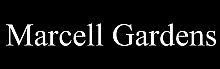 Elegant Marcell Gardens logo in bold white font on a sleek black background, exuding sophistication and style.