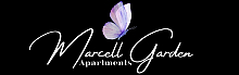 Elegant Marcell Garden Apartments logo with a delicate lavender butterfly accent on a sleek black background.
