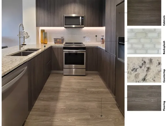 Material swatches next to an image of a kitchen with warm, textured finishes: dark brown wood cabinets, an ivory glass tile backsplash, light taupe wood floors, and variegated beige and gray granite counters.