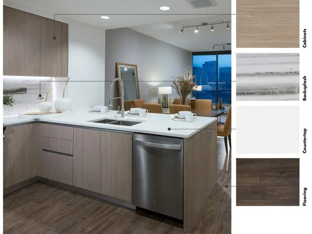 Material swatches next to an image of a kitchen with light finishes: beige wood cabinets, textured light gray stone backsplash, shiny white quartz counter, and medium-brown wood floors.