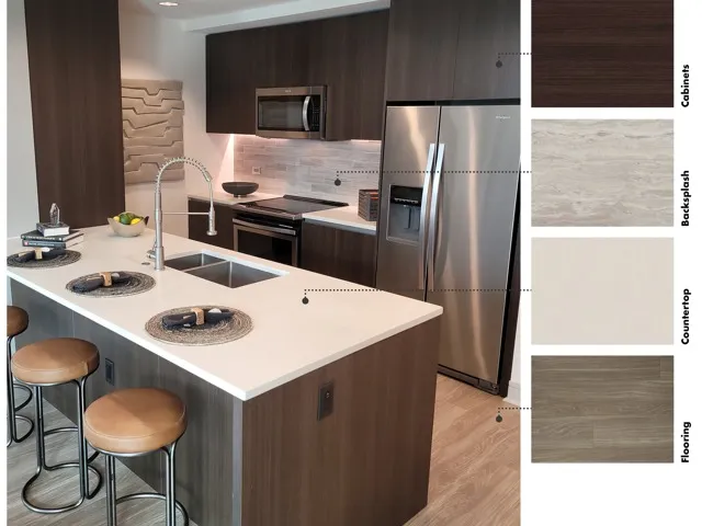 Material swatches next to an image of a kitchen with neutral, high-contrast finishes: dark brown wood cabinets, satin-finish gray stone counter, white and gray marbled backsplash, and brown-black wood floors.