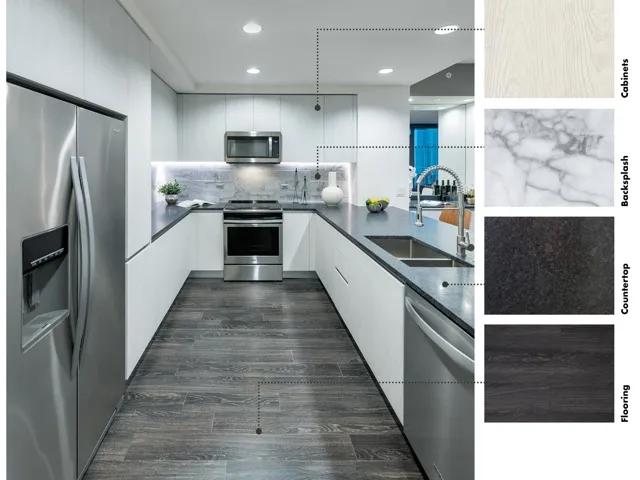 Material swatches next to an image of a kitchen with neutral, high-contrast finishes: white cabinets, satin-finish dark gray stone counter, white and gray marbled backsplash, and brown-black wood floors.