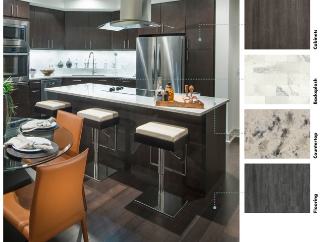 Material swatches next to an image of a kitchen with deep, high contrast finishes: deep brown wood cabinets, an ivory stone backsplash, dark brown wood-style floors, and variegated beige granite counters.