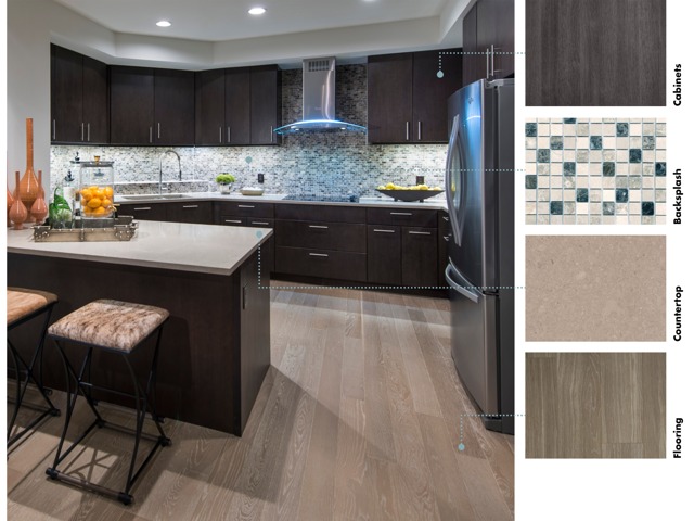 Material swatches next to an image of a kitchen with warm, dark finishes: dark brown wood cabinets, striated beige stone backsplash, light brown wood-style floors, and shiny ivory quartz counters.