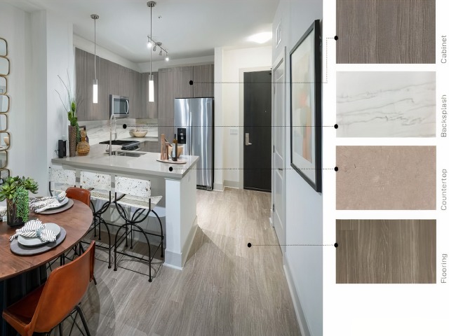 Material swatches next to an image of a kitchen with warm, muted finishes: taupe wood cabinets, cream-colored marbled backsplash, light tapue wood floors, and shiny beige quartz counters.