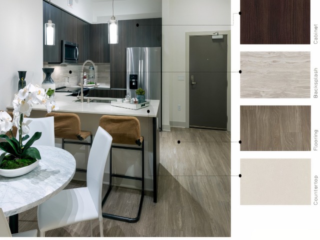 Material swatches next to an image of a kitchen with warm, dark finishes: dark brown wood cabinets, striated beige stone backsplash, light tapue wood floors, and shiny ivory quartz counters.