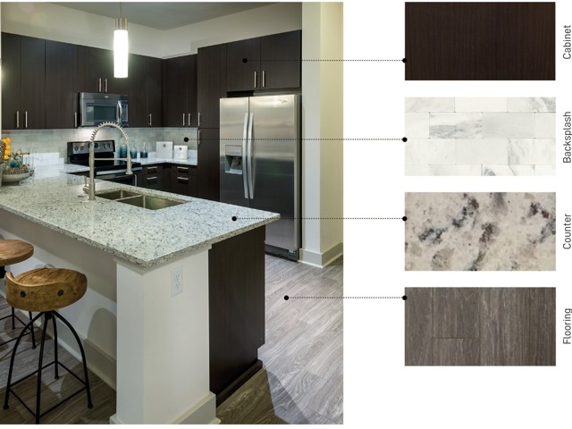 Material swatches next to an image of a kitchen with warm, textured finishes: dark brown wood cabinets, an ivory glass tile backsplash, light taupe wood-style floors, and variegated beige and gray granite counters.