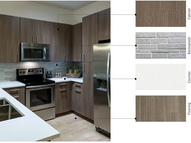 Material swatches next to an image of a kitchen with high-contrast finishes: dark brown wood cabinets, textured gray stone backsplash, shiny white quartz counter, and beige wood-style floors.