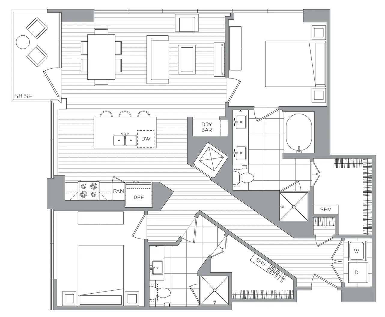 S / 2 Bedroom / 2 Bath