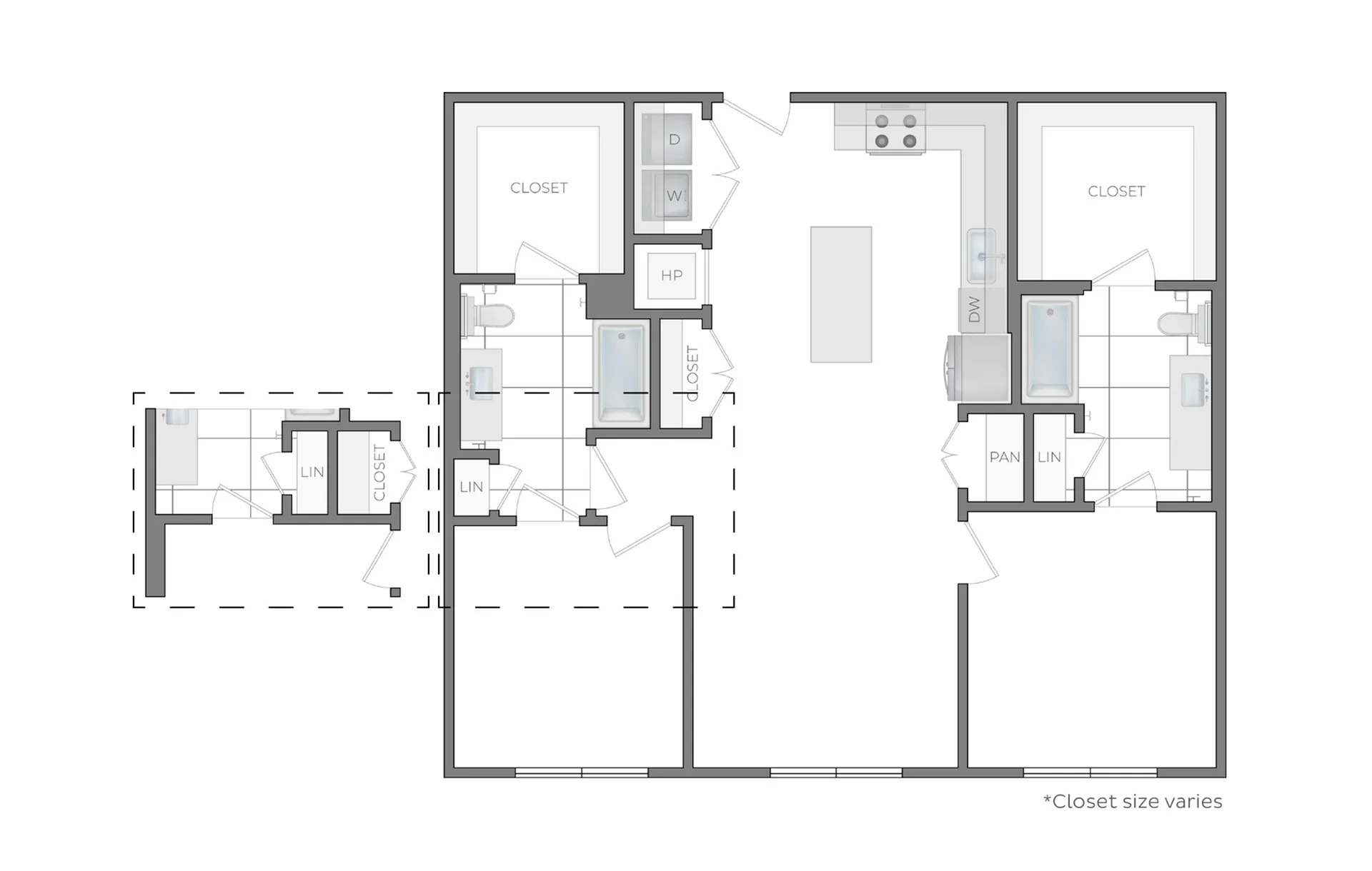 Modern floor plan showcasing two bedrooms, open kitchen, dual bathrooms, spacious closets, and laundry room.