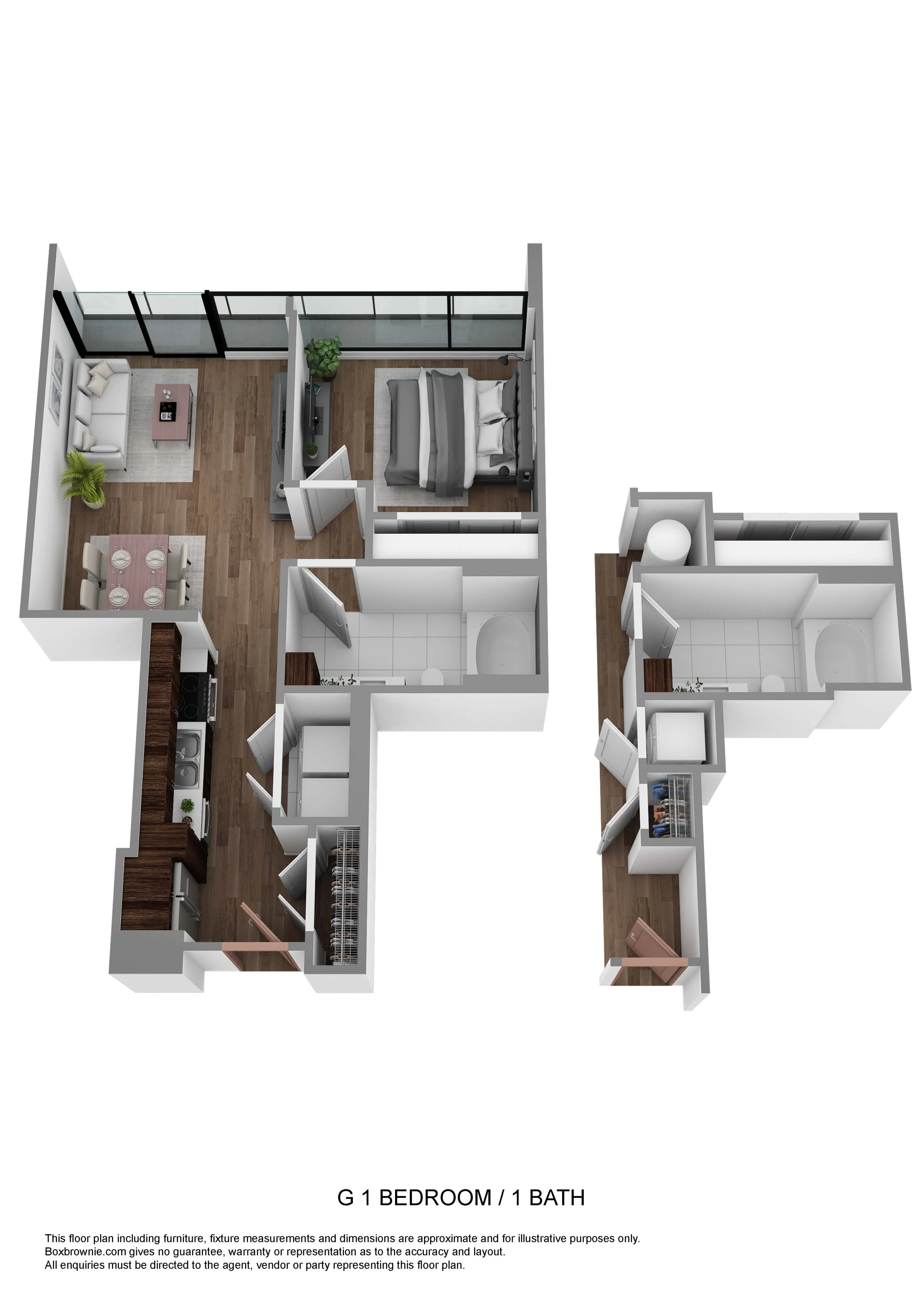 Modern 3D floor plan featuring 1 bedroom, 1 bathroom, an open-concept living area, and a stylish kitchen. Perfect for efficient urban living.