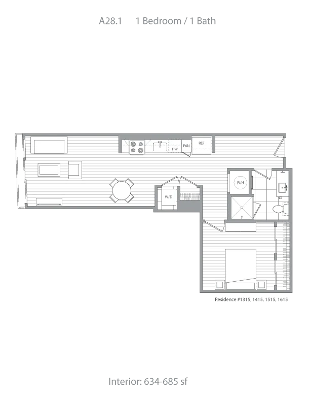 Elegant floor plan featuring 1 bedroom and 1 bath with a modern open-concept living area, stylish kitchen, and efficient use of space. Interior size ranges from 634 to 685 sq ft.