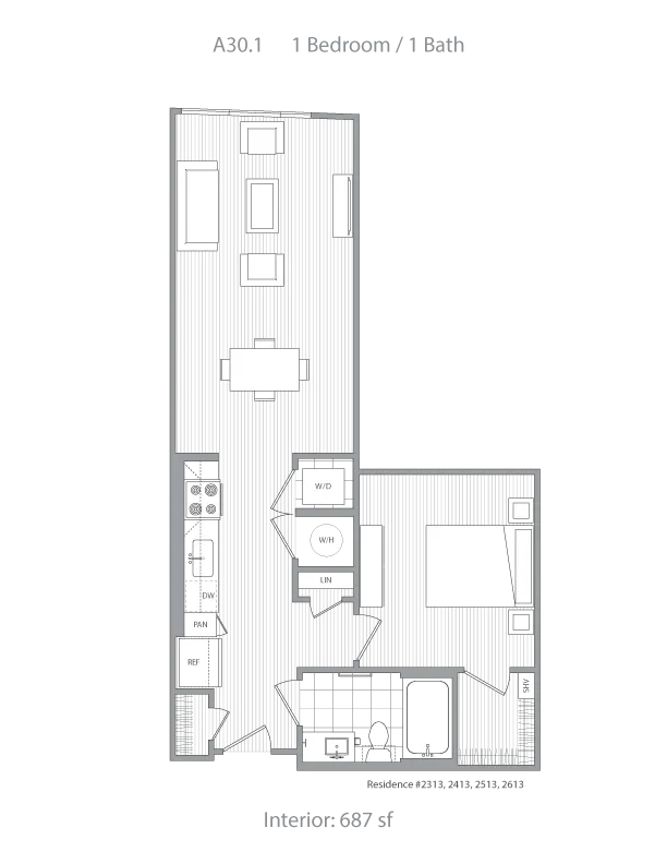 Modern 1-bedroom, 1-bath floor plan featuring an open living area with a well-designed kitchen and convenient in-unit laundry, totaling 687 sq ft.