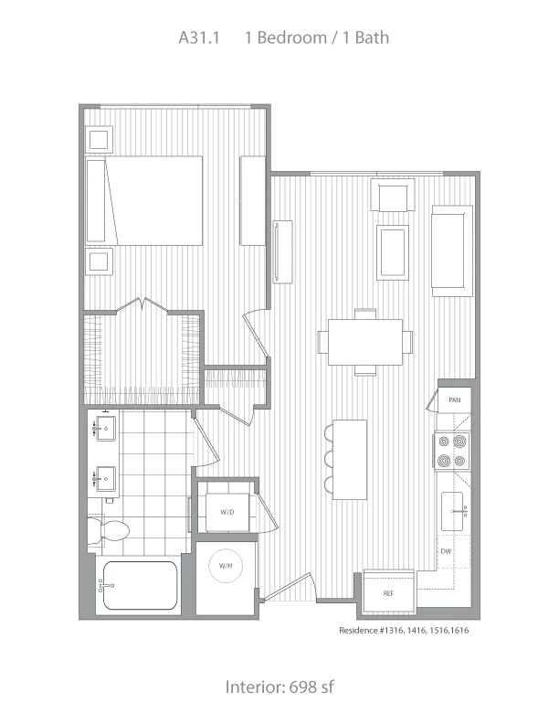 Elegant floor plan of a 1 bedroom, 1 bath apartment with an open-plan living and dining area, modern kitchen, and efficient use of 698 square feet.