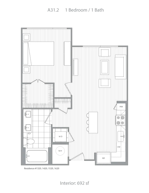 Modern floor plan featuring 1 bedroom, 1 bath, open-concept living space, and sleek kitchen layout, covering 692 sq ft.