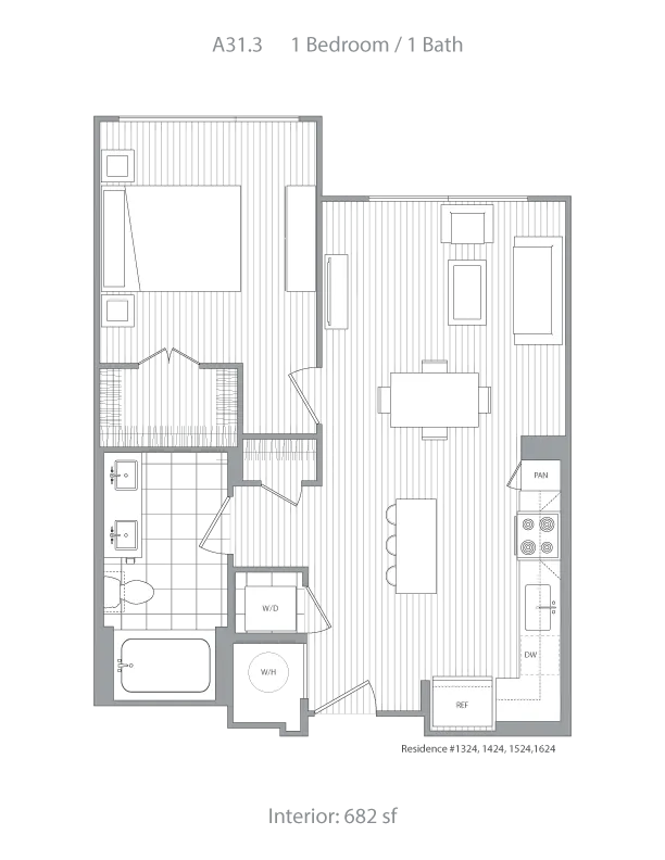 Modern floor plan A31.3 featuring 1 bedroom, 1 bath with an open-concept living area and contemporary kitchen layout, spanning 682 square feet.