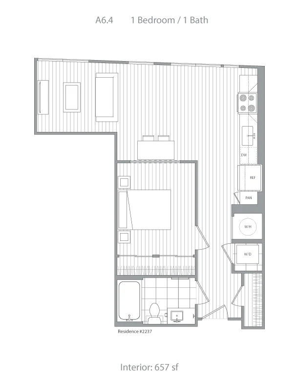 Contemporary 2D floor plan featuring 1 bedroom and 1 bath, efficient kitchen design, and cozy living area, totaling 657 square feet.