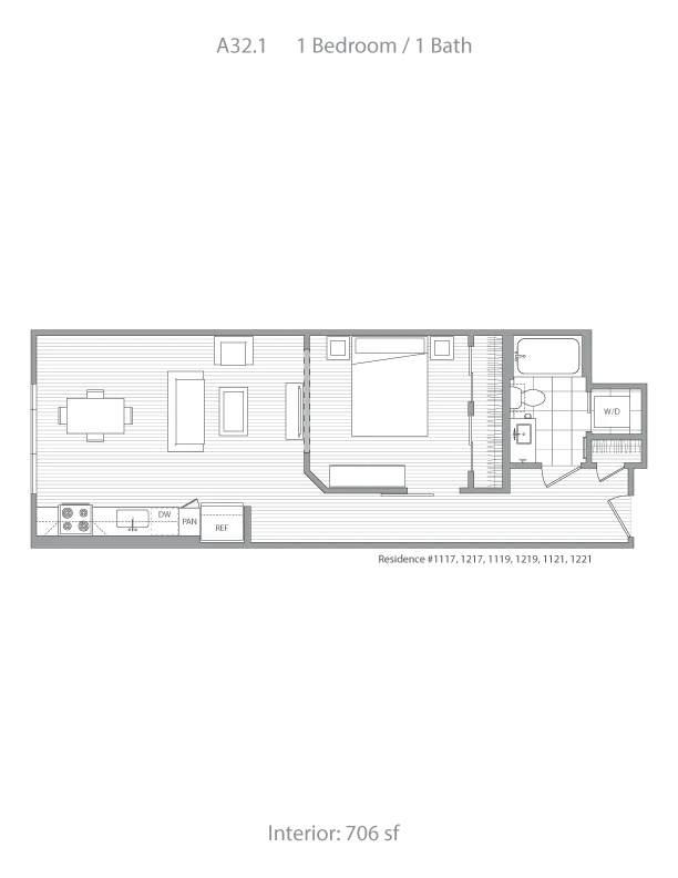 Modern floor plan for unit A32.1 featuring 1 bedroom and 1 bath, with open living and dining area, kitchen, and spacious interior of 706 sq ft.