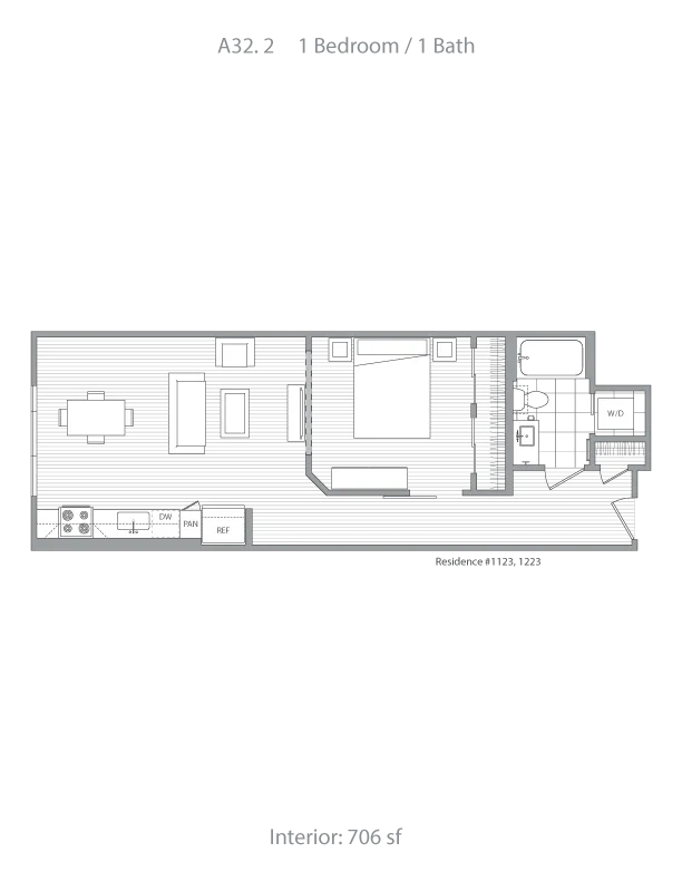Modern floor plan layout of 1 bedroom, 1 bath apartment with open living and dining area, designed for efficiency in 706 sq ft.