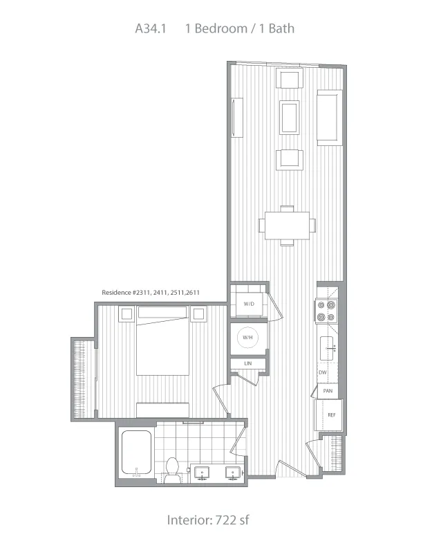 Modern floor plan featuring 1 bedroom, 1 bath, and an open-concept living and dining area. Includes a well-equipped kitchen, laundry area, and spacious 722 sq ft interior.