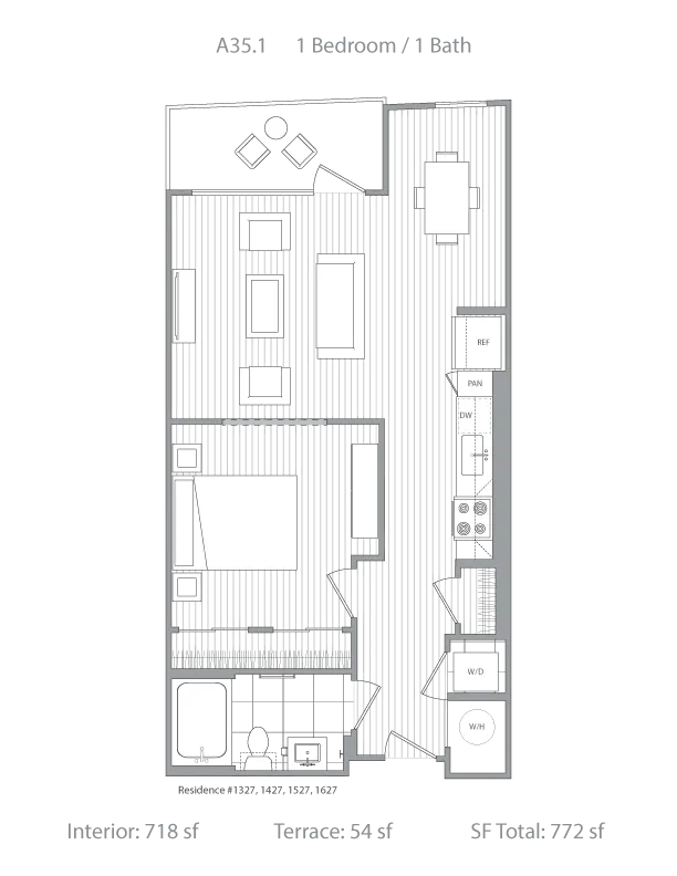 Modern 1 bedroom, 1 bath floor plan featuring an open living area, stylish kitchen, and cozy terrace. Total area: 772 sq ft.