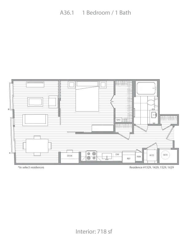 Modern floor plan featuring 1 bedroom, spacious living area, and well-equipped kitchen. Includes a stylish bathroom layout, washer/dryer unit, and compact workspace. Total area: 718 sq ft.