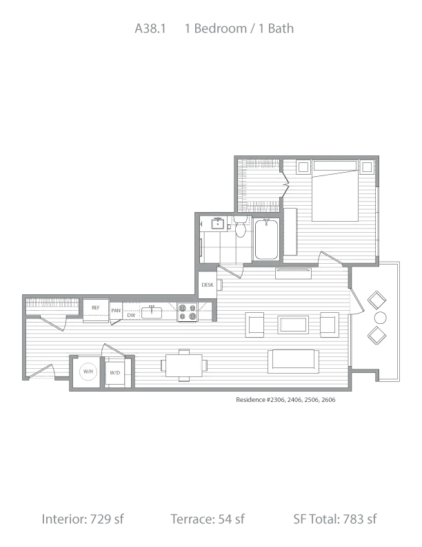 Modern A38.1 floor plan with 1 bedroom, 1 bath, and spacious living area including a terrace, totaling 783 sq ft.