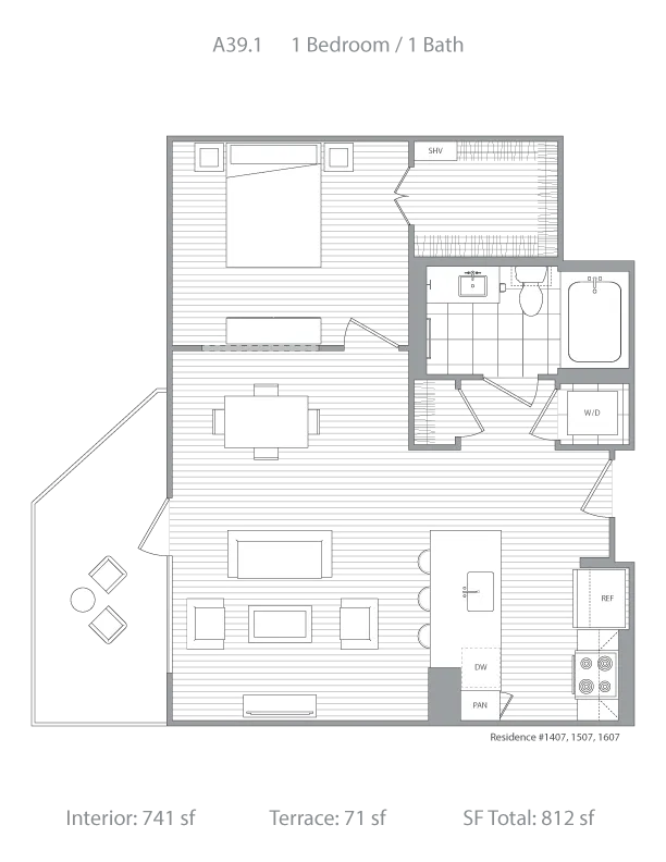 Modern 1-bedroom, 1-bath floor plan featuring a spacious open-concept living area, cozy kitchen, and private terrace. Total area 812 sq ft with 741 sq ft interior and 71 sq ft terrace.