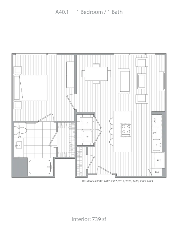Modern 1-bedroom, 1-bathroom floor plan featuring open-concept living area, sleek kitchen with island, and cozy bedroom. Total interior space of 739 sq ft.