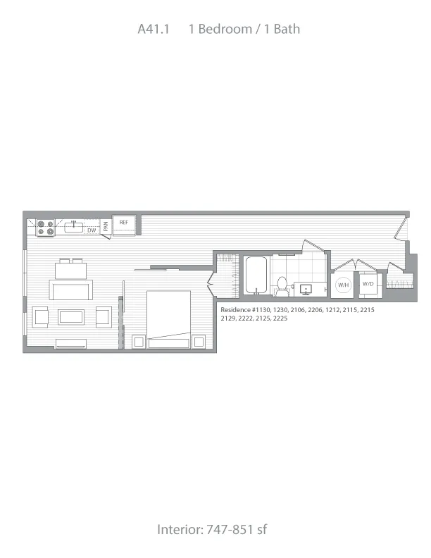 Modern 1-bedroom, 1-bath floor plan with open living area, stylish kitchen, and ample storage in a 747-851 sq ft layout.