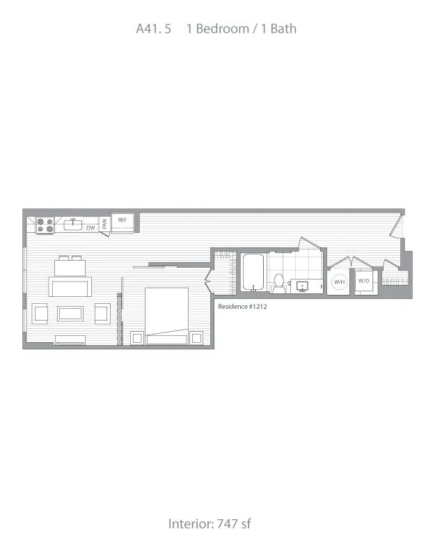 Modern 2D floor plan showcasing 1 bedroom, 1 bathroom apartment with open living area and sleek kitchen design, totaling 747 sq ft.
