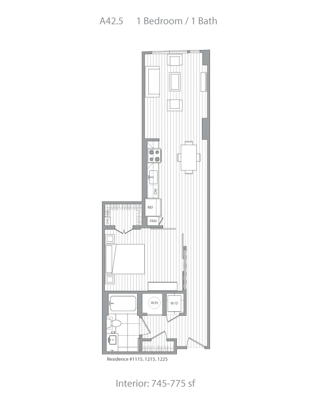 Modern floor plan for a 1 bedroom, 1 bath apartment featuring an open-concept living area, sleek kitchen, and ample storage space, totaling 745-775 sqft.