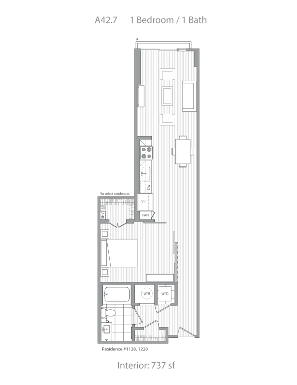 Elegant floor plan A42.7 featuring 1 bedroom, 1 bath, modern kitchen, and open living space in 737 sq ft.
