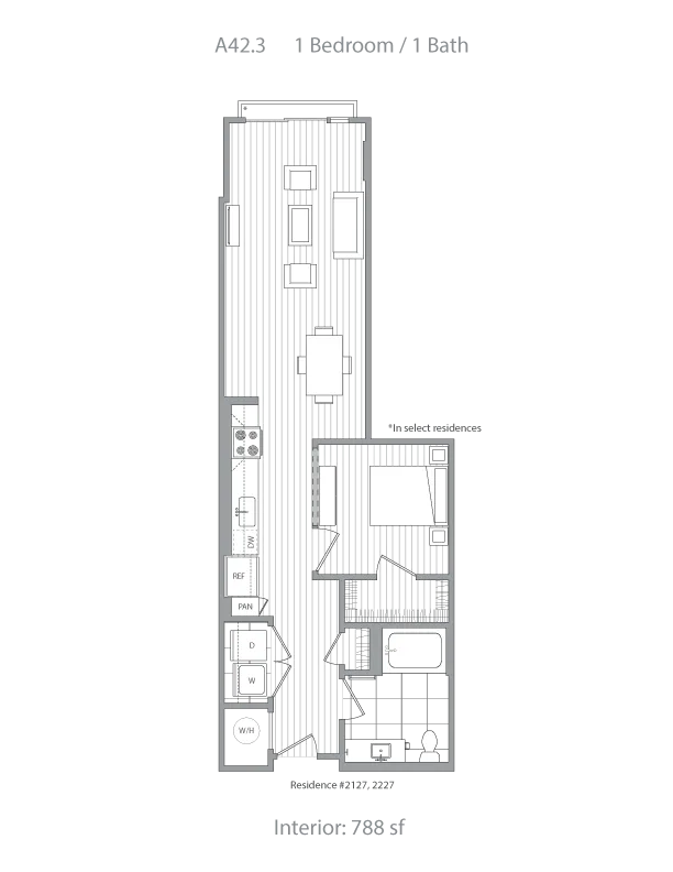 Modern floor plan featuring 1 bedroom, 1 bath, with open living and dining area in a 788 sq ft interior.