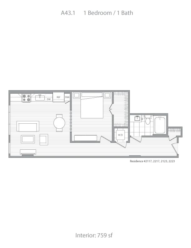 Modern 1-bedroom, 1-bath floor plan with open living area and efficient kitchen layout, 759 sq ft.