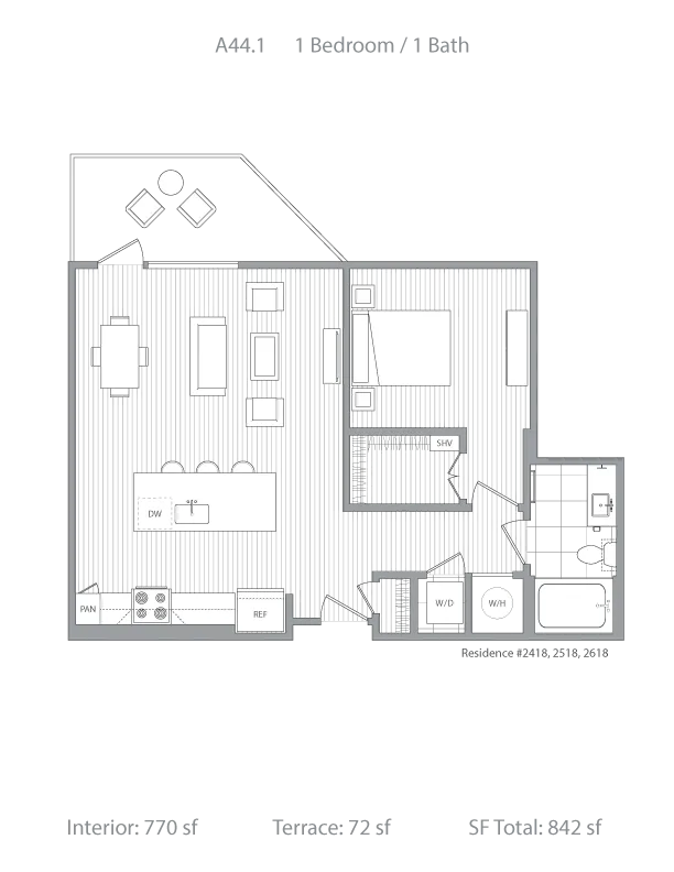 Modern 1-bedroom, 1-bathroom floor plan featuring an open-concept living area, a sleek kitchen with island, and a welcoming terrace, totaling 842 sq ft.