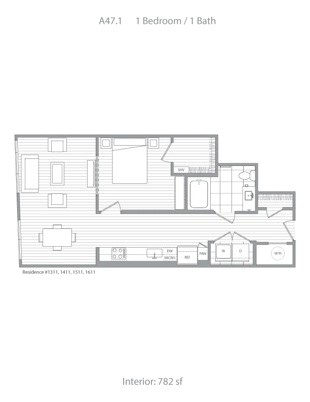 Modern 1-bedroom, 1-bath apartment floor plan with open-concept living area, sleek kitchen, and 782 sq ft interior.